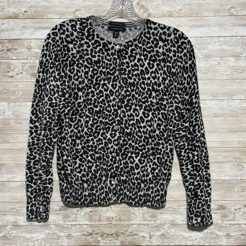 Lands' End Supima Cotton Black White Animal Print Button Up Cardigan Sz S